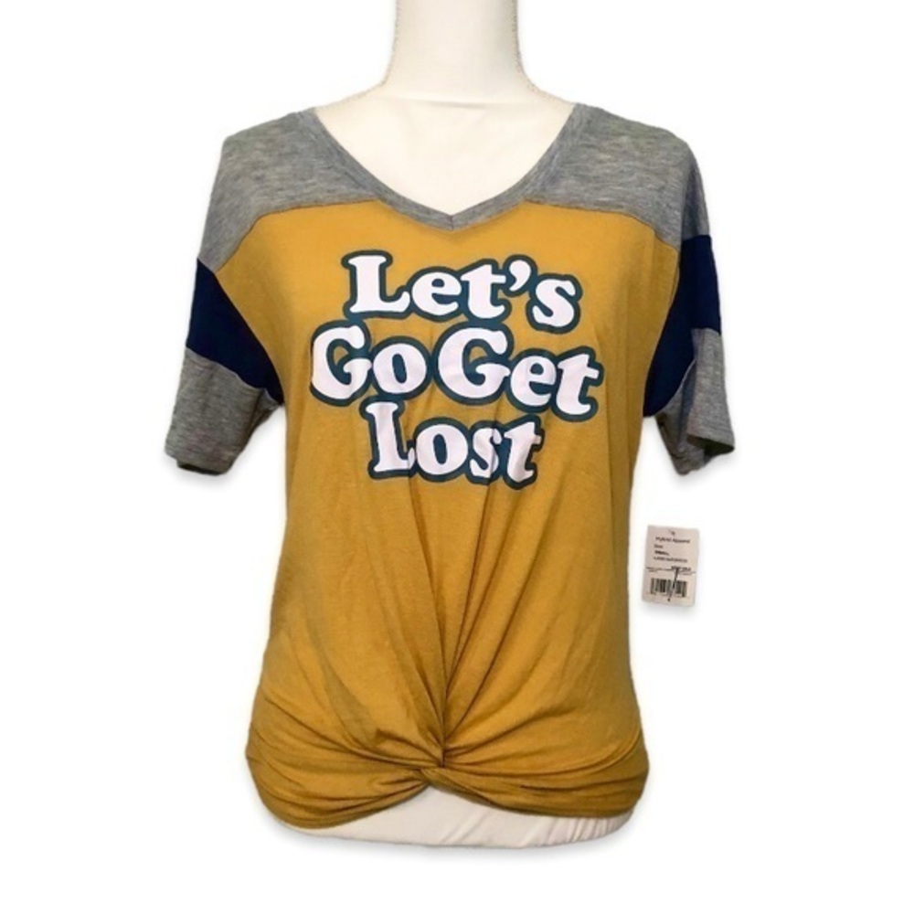 NWT Let’s Go Get Lost V-Neck Tee Top Shirt Gold Yellow Gray Navy New Cold Crush